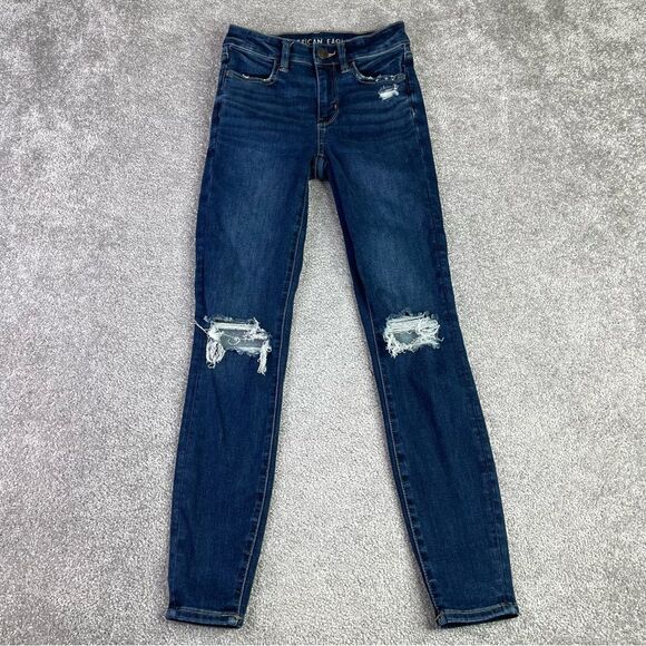 American Eagle Jeans Women's 0 Blue Skinny Mid-Rise Dark Denim Distressed - Picture 1 of 12